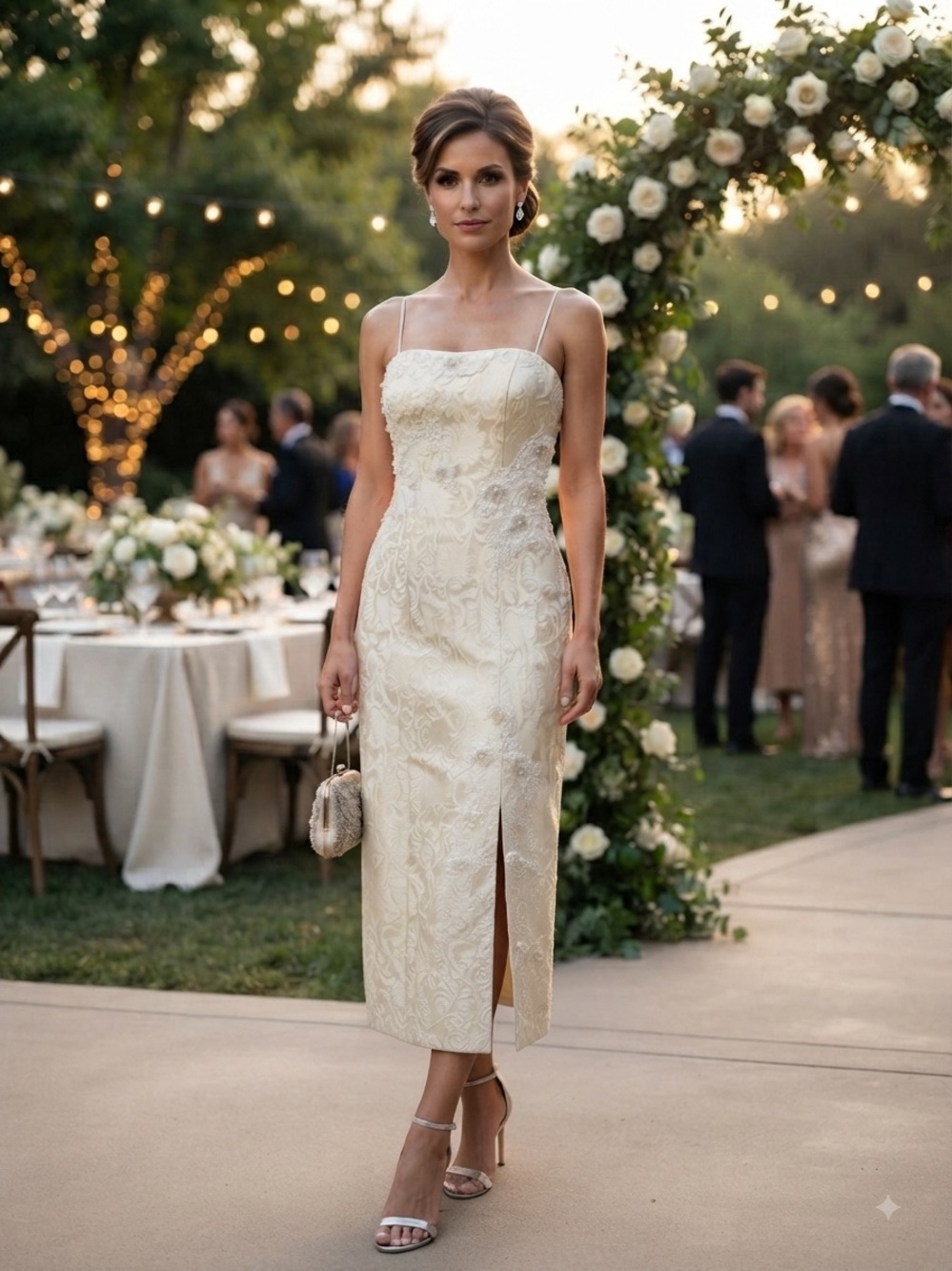 Kay Unger Ivory Lace Maxi Dress with Spaghetti Straps